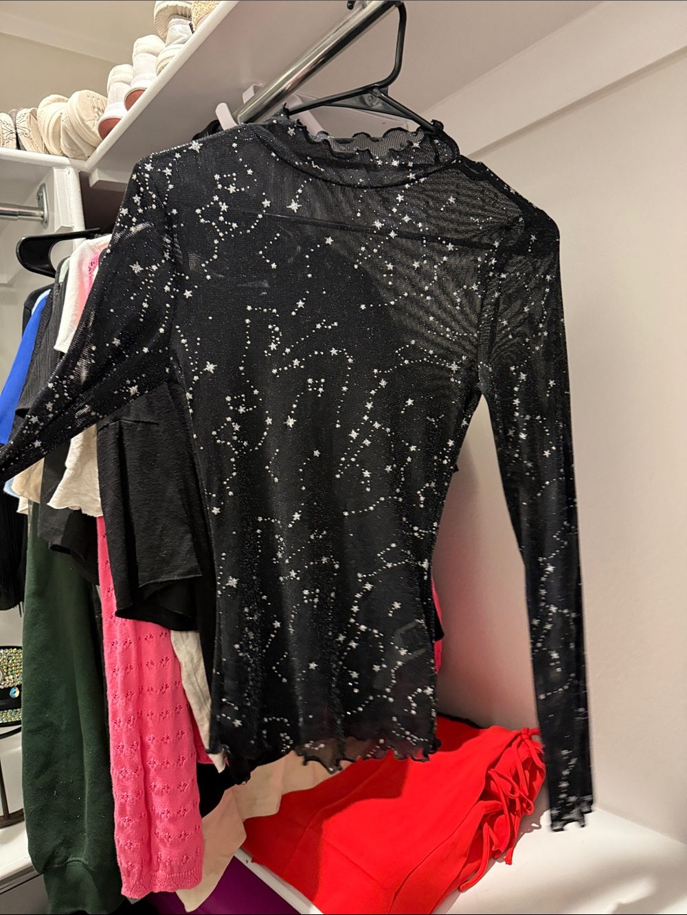 Black Star-Print Long Sleeve Mesh Top